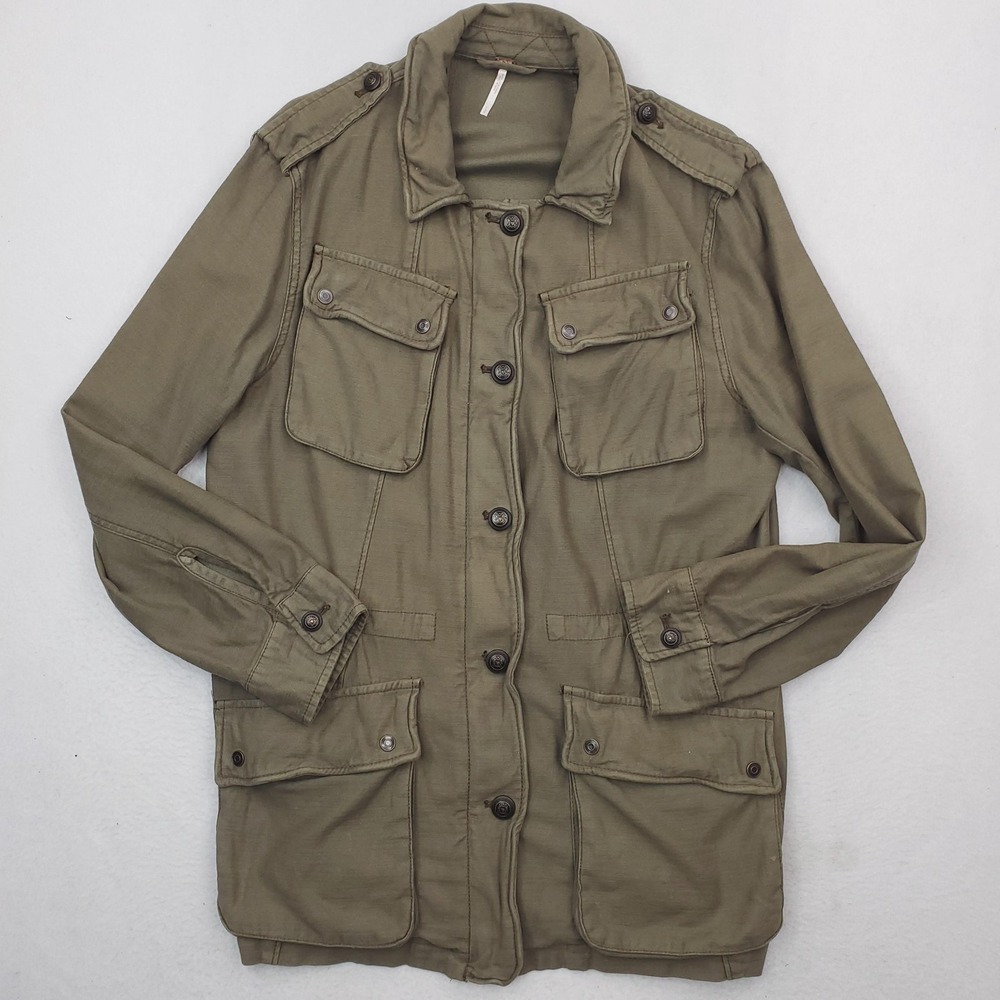 Free People Military Jacket Womens Medium Green Utility Cotton Twill Chore Barn